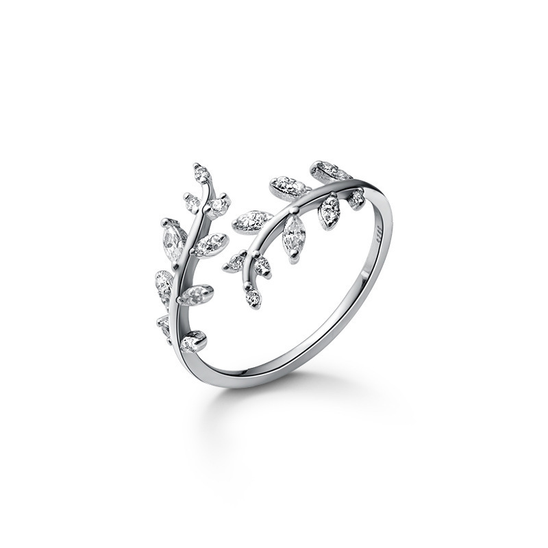S925 sterling silver diamond branch bud ring for women with branch and leaf open ring