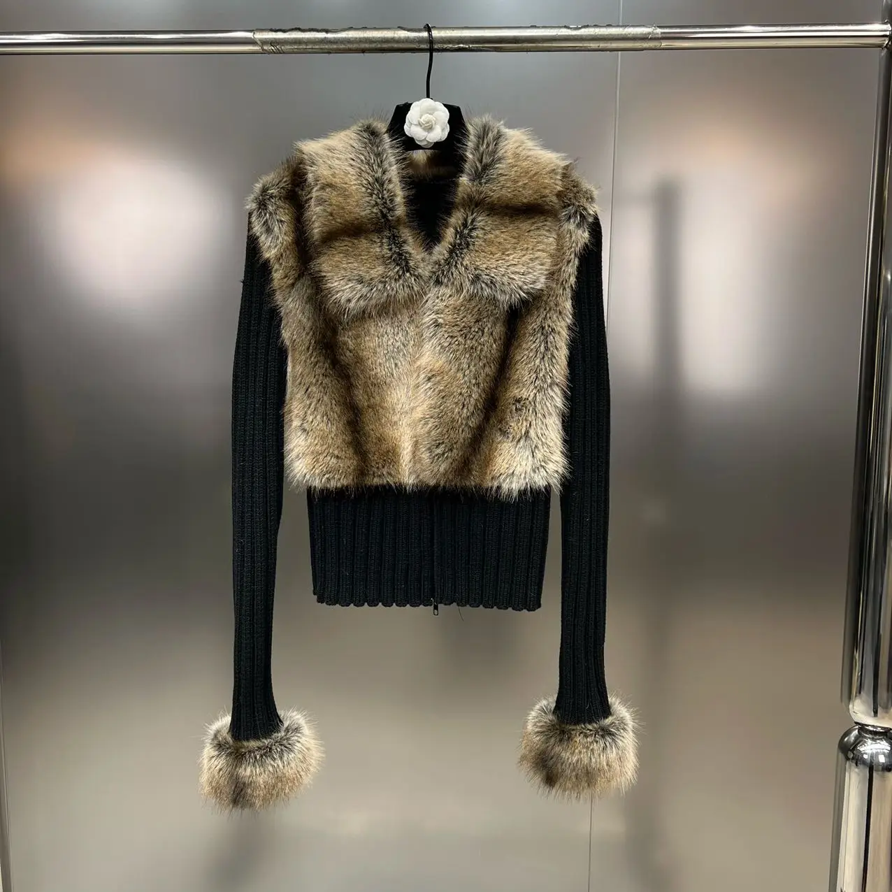 Faux Fur Paneled Zip Cardigan