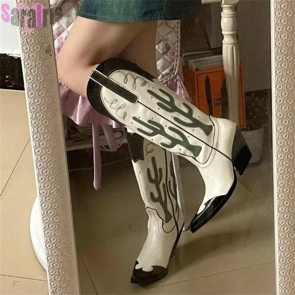 Western Cowboy Mid Calf Women Boots Chunky High Heels Cactus Vintage Cowgirl Long Boots Retro Shoes Woman