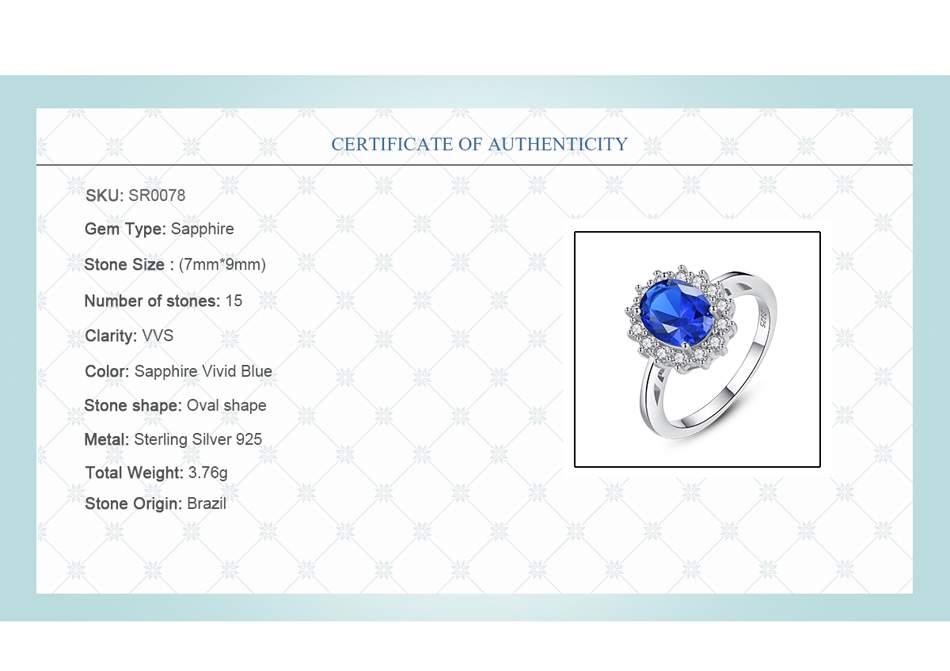 Princess Diana William Kate Gemstone Rings Sapphire Blue Wedding Engagement 925 Sterling Silver Finger Ring for Women
