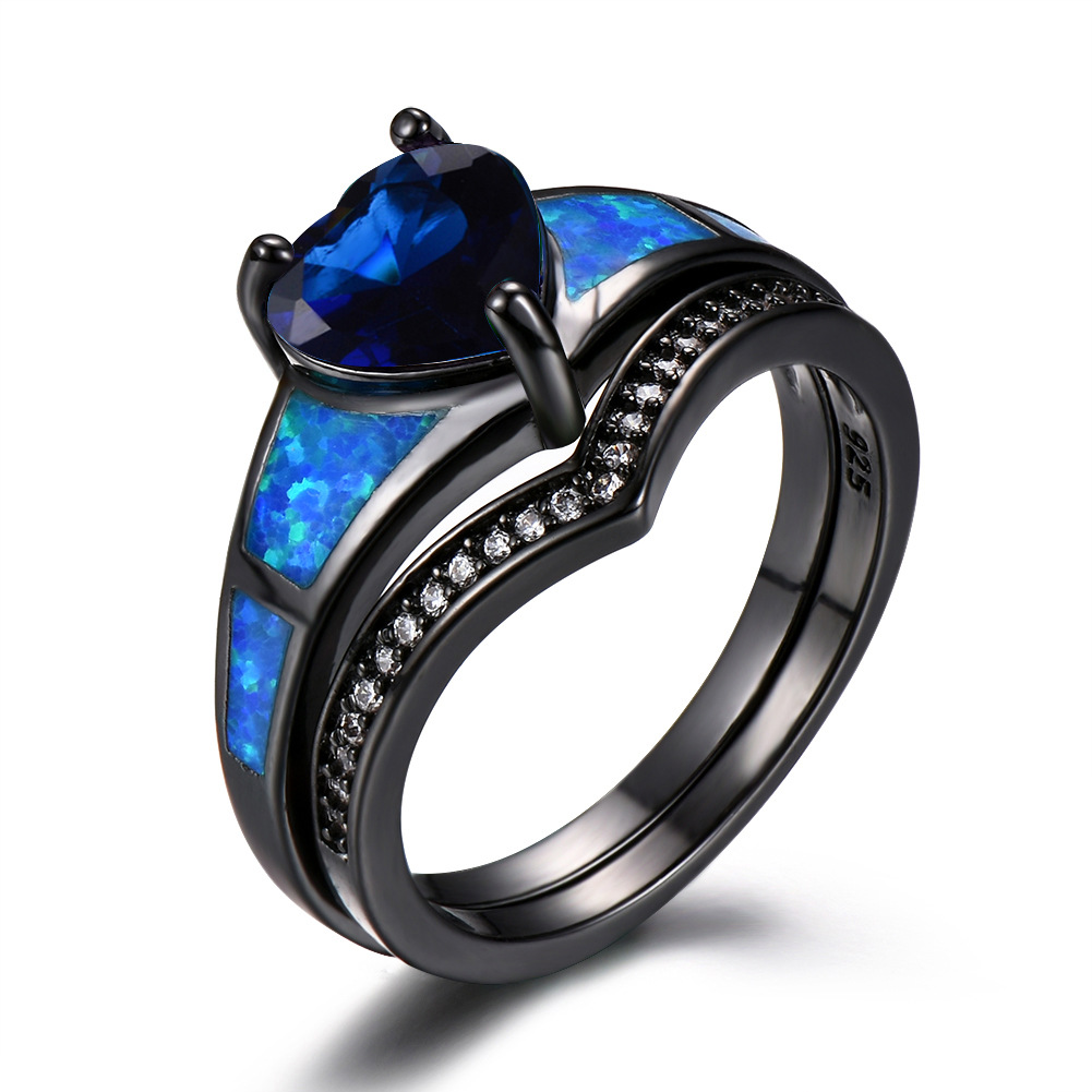 Heart Fire Opal Rings For Women Vintage Fashion Jewelry Engagement Black Gold Filled Rainbow Blue Birthstone Ring
