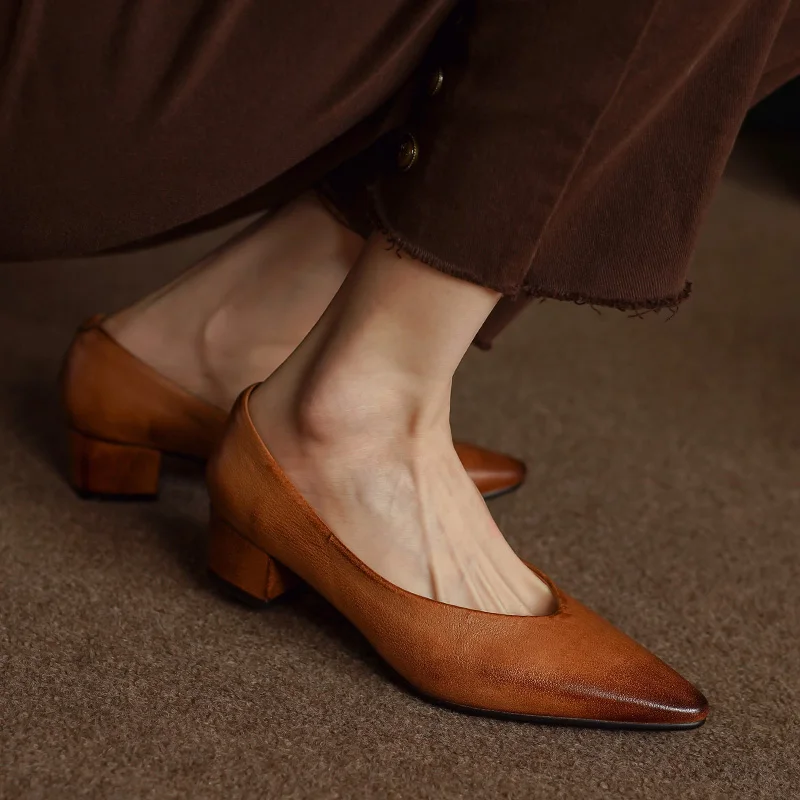 Classic Concise Women Pumps Thick Heels Genuine Leather Office Lady Working Mature Basic Shoes Spring Autumn 34-40