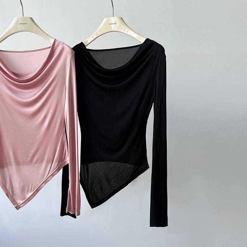 Women Slim Solid Cowl Neck Elongated Sleeve Tee