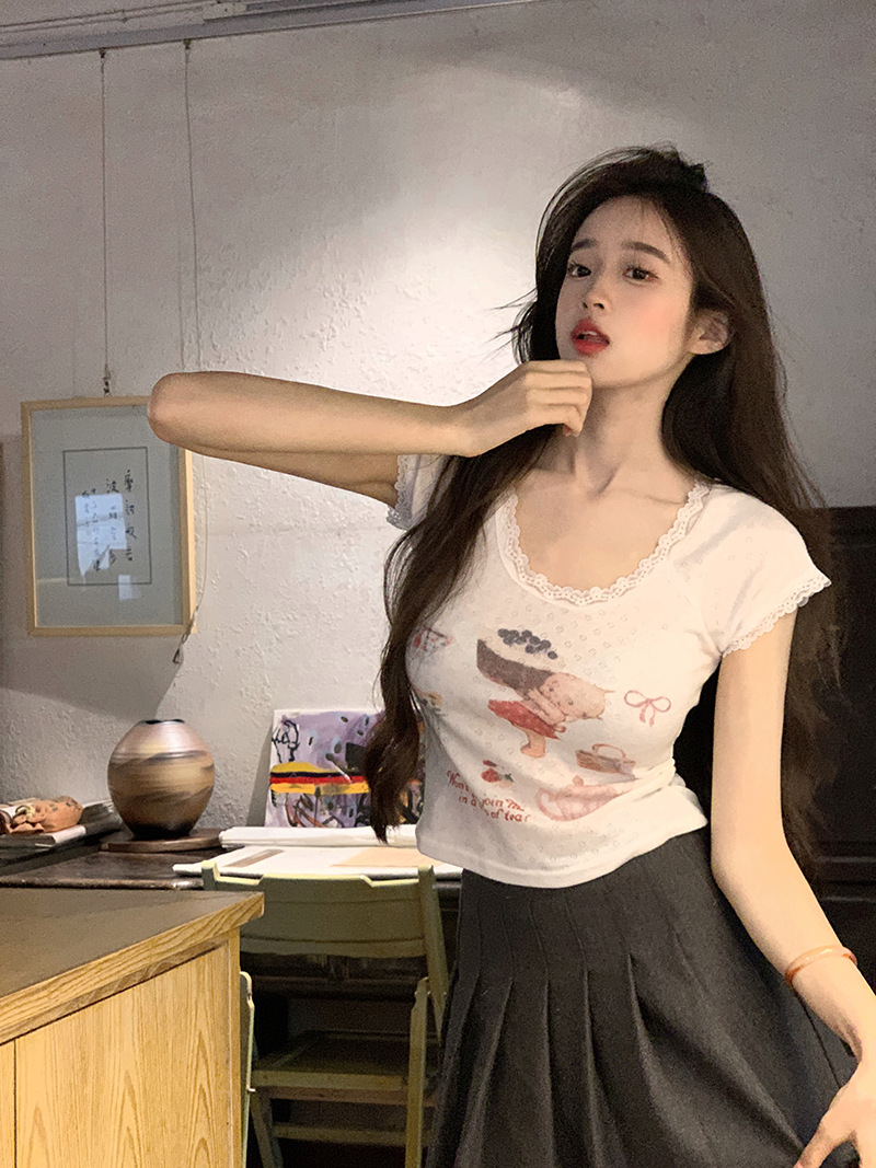 Lace lace slim fit short sleeved T-shirt