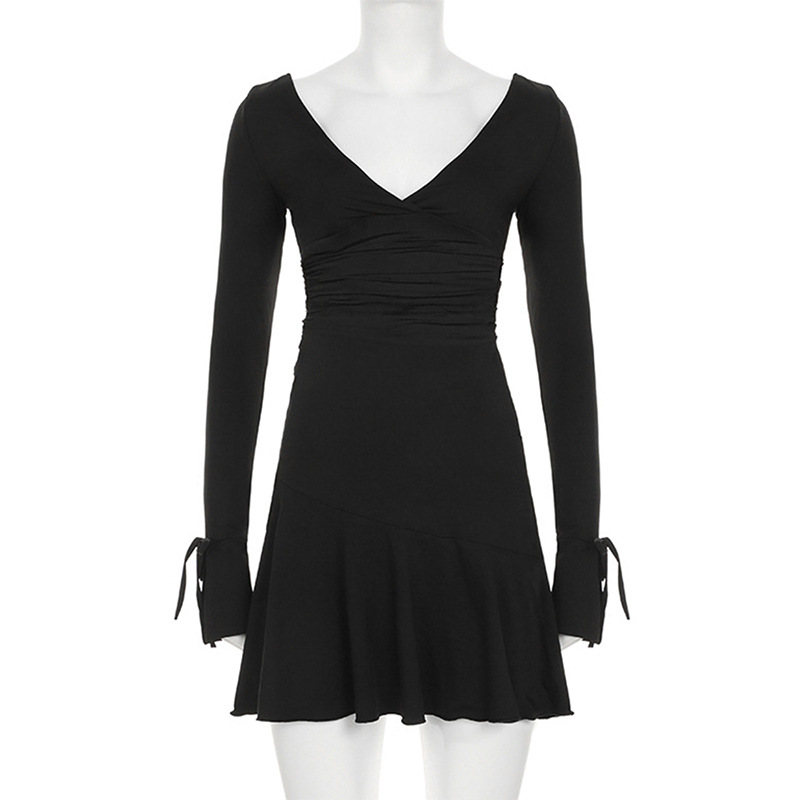 Deep Plunge Frill Full Arm Fitted Ladies Dress