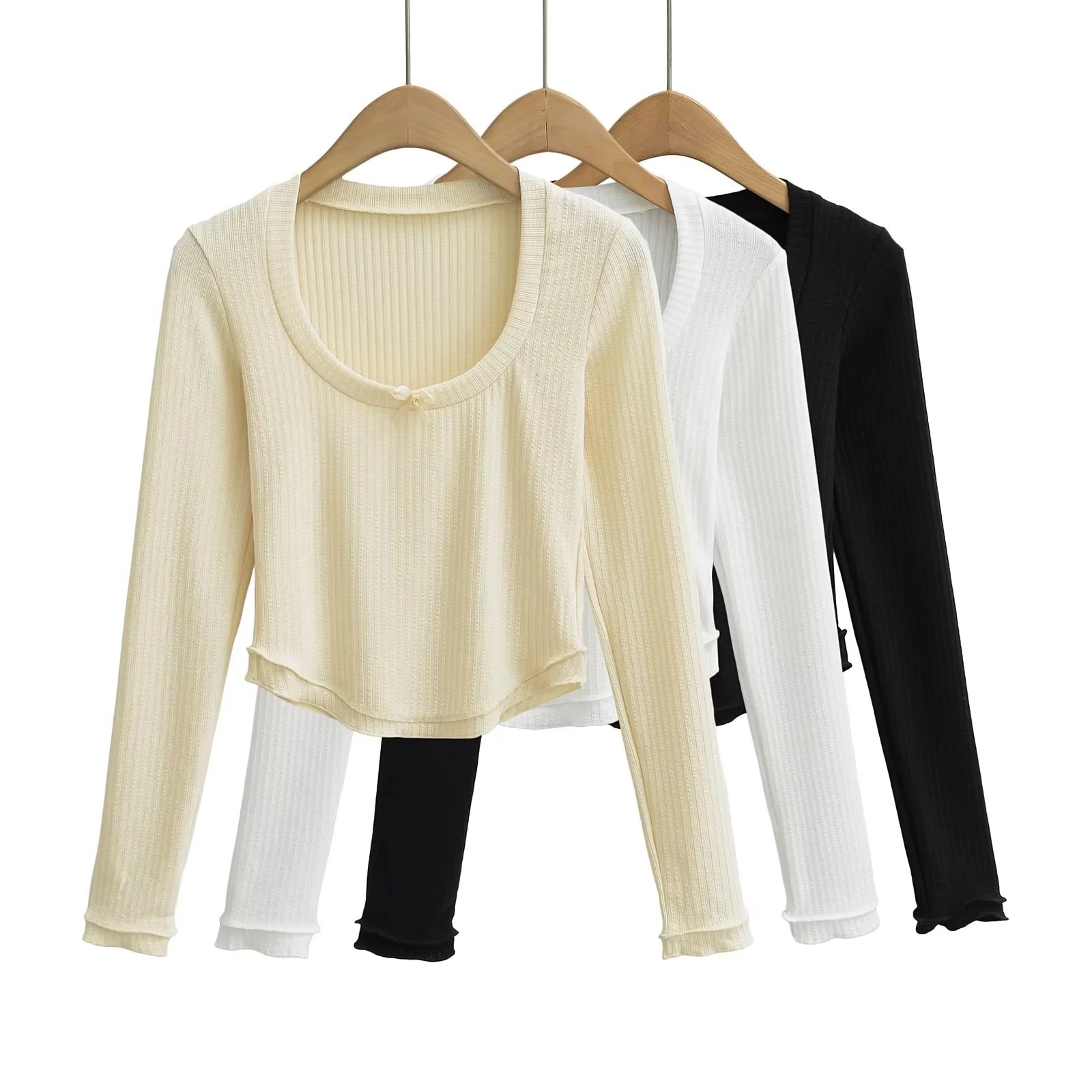 Cotton Crew Collar Full Sleeve Fitted Ribbon T-Shirt