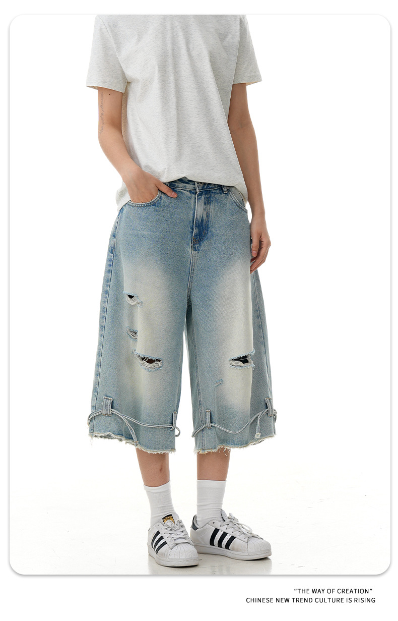 Street Washed Distressed Denim Shorts Loose Wide-Legged Vintage Straight Drawstring Three-Quarter Pants