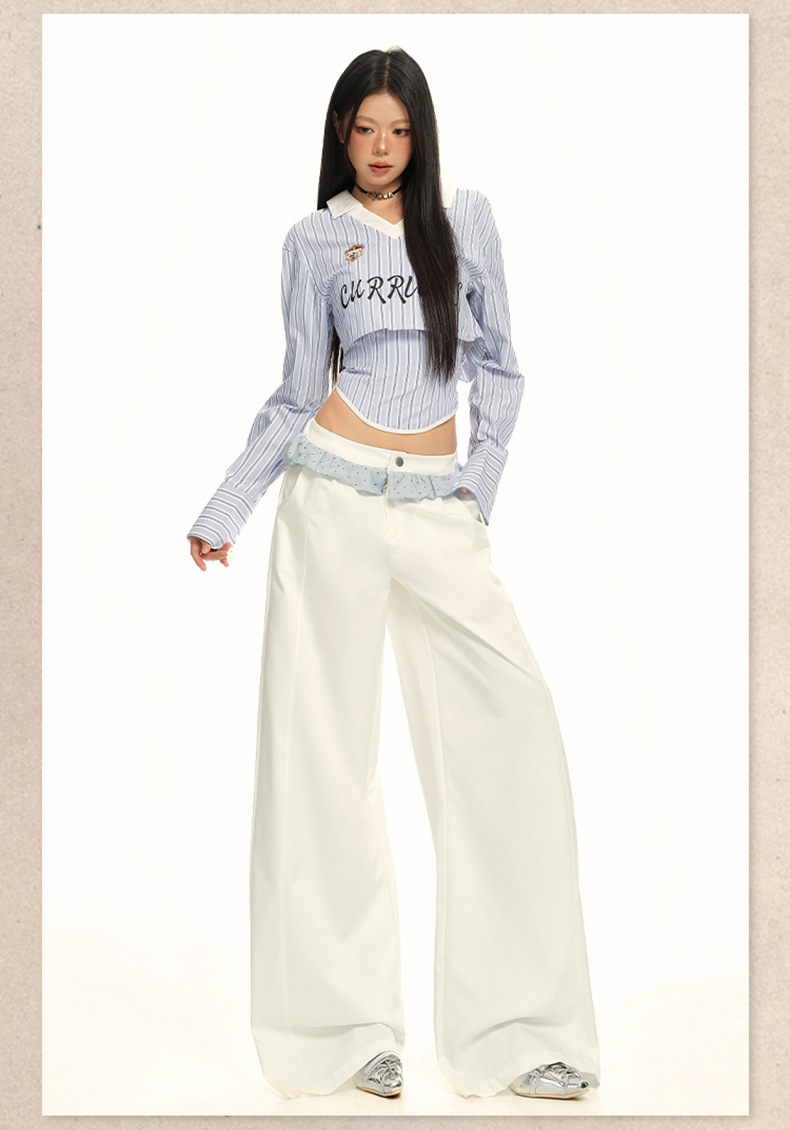 Women's Wide-Leg Casual Pants with White Lace Splicing