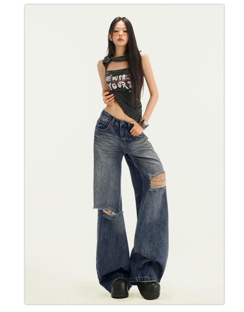 Women's Pocket Print High Waist Wide Leg Pants Summer Loose Slimming Distressed Denim Trousers