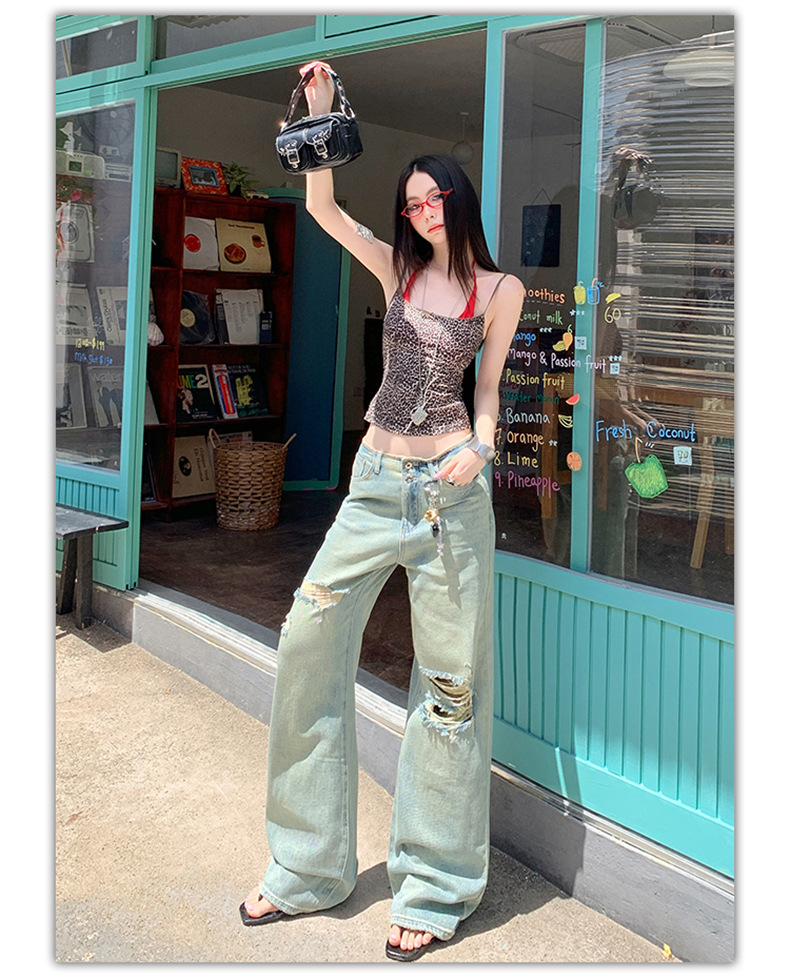 Women's Thin Straight Hole Jeans High Waist Slim Narrow Leg Wide Leg Pants