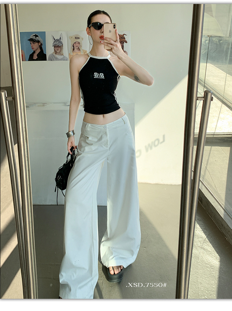 White Wide-Leg Casual Pants Light Weight High Waist Long Length Trousers for Tall Women