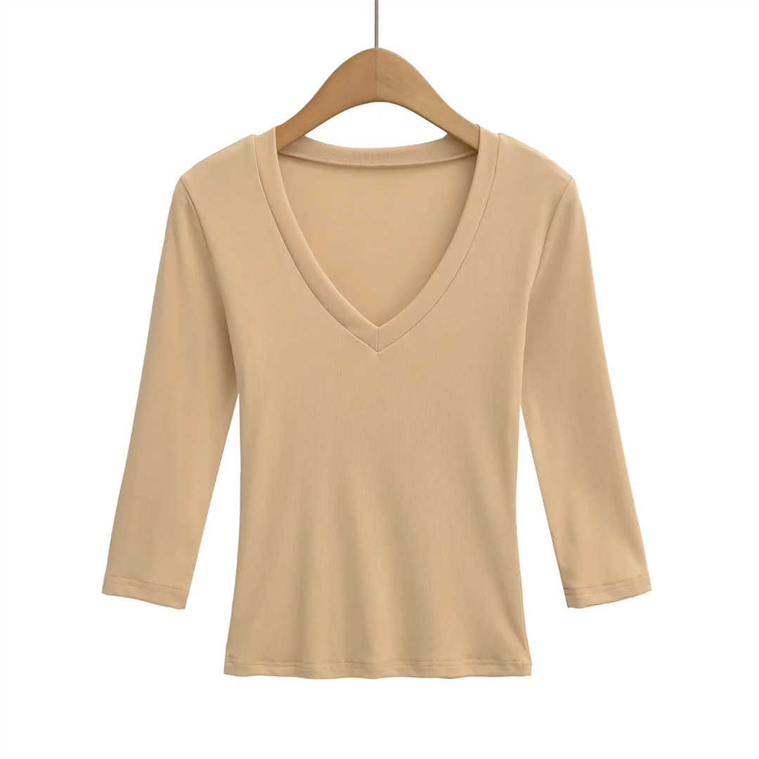 Ladies Streetwear Plain Stretch Elbow-Length Plunge Layering Tee