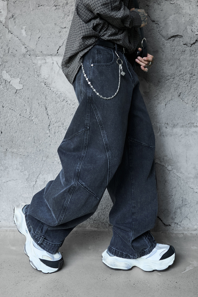 Retro Washed Deconstructed Knife-Edge Denim Pants Unisex Trendy Loose Hip-Hop Wide Leg Pants Black Scythe Style Pants