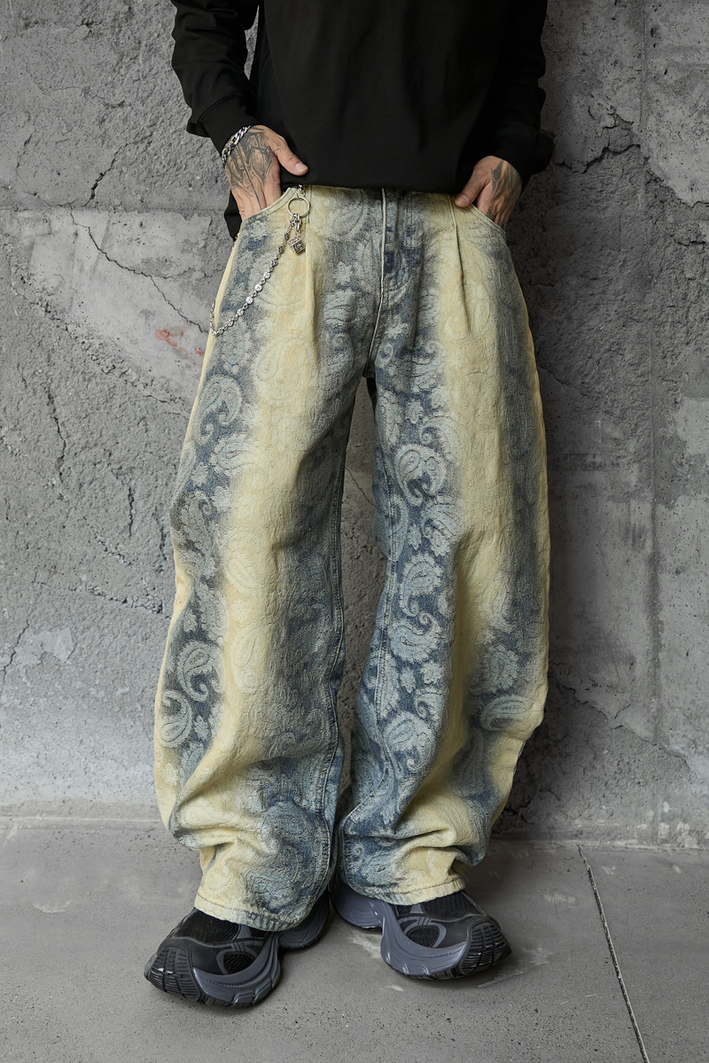 Street Washed Spray Monkey Jacquard Gradient Knife-Edge Denim Pants Men Women High-Quality Fashion Brand Wide-Leg Pants