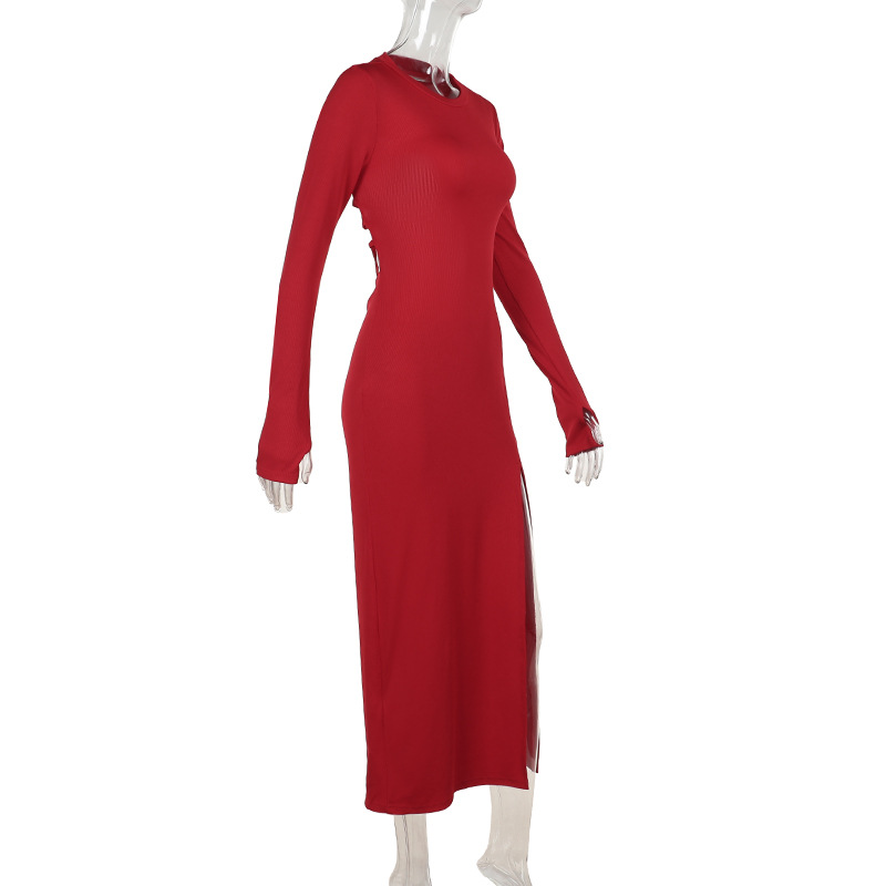 Round Neck Long Sleeve Open Back Polyester Dresses