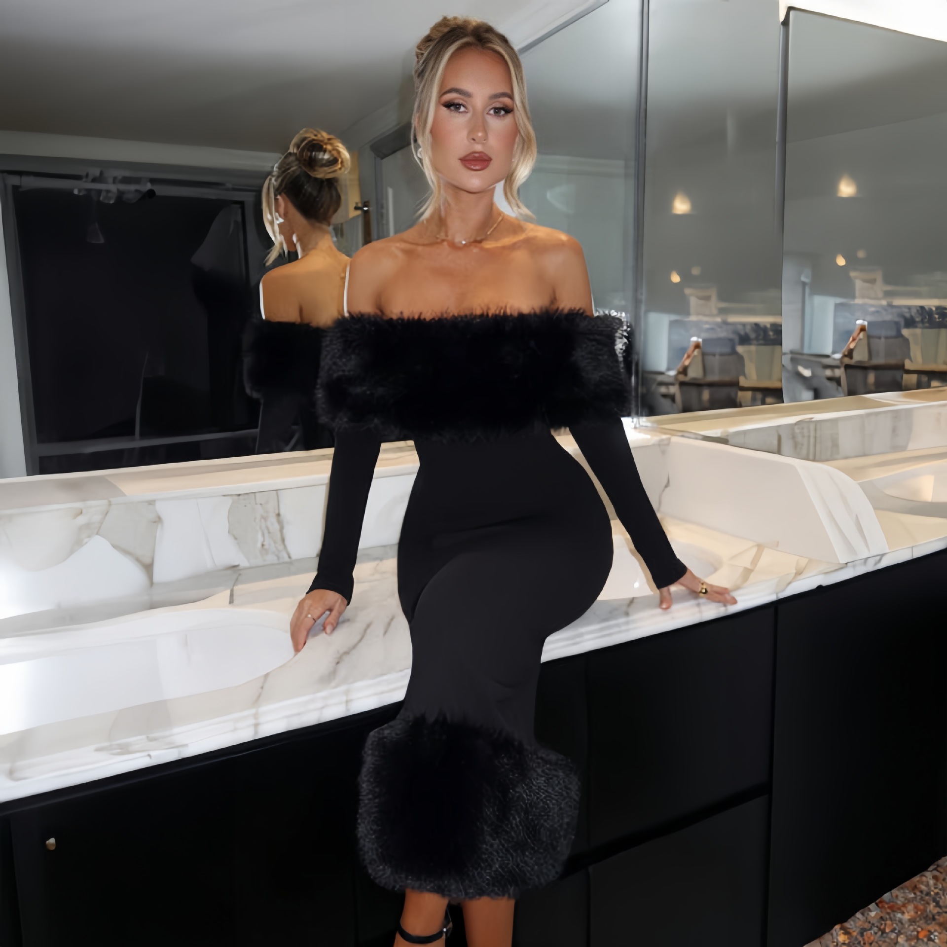 One neck long sleeved temperament slim fit dress