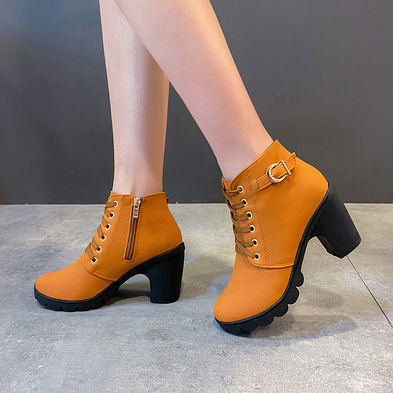 High heels belt buckles thick heels round toe Martin boots for women