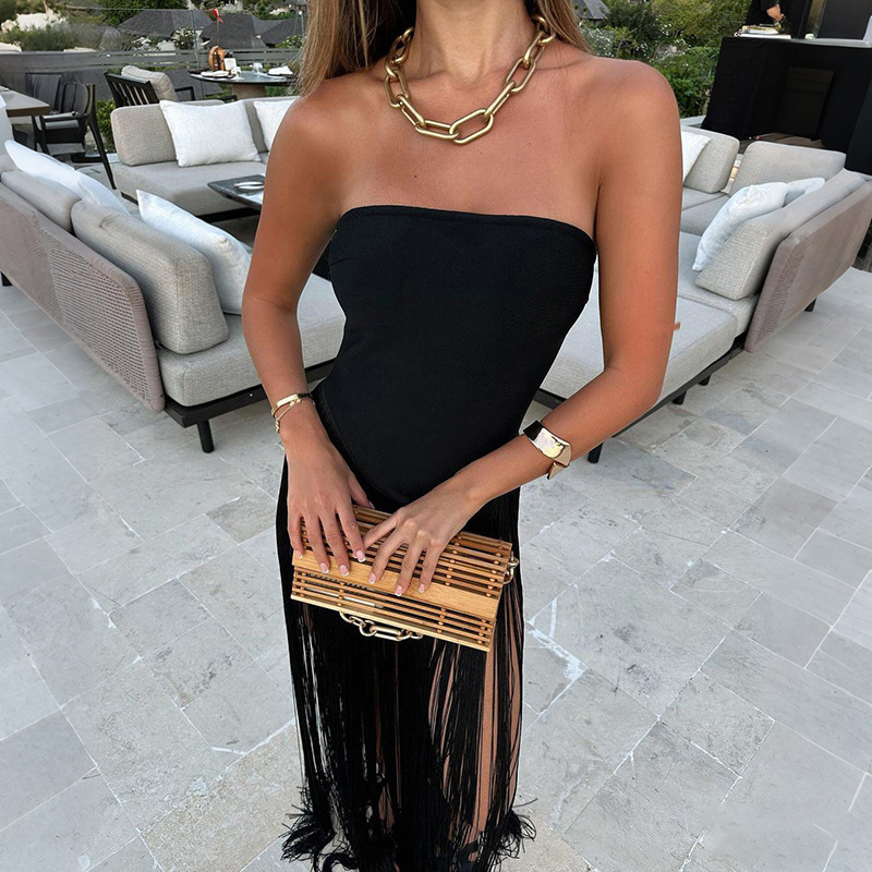 Raised-Waist Open Back Bandeau Fitted Tassel Jumpsuit