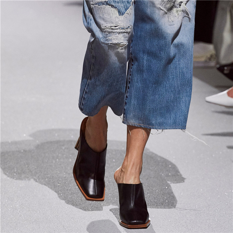 Summer Europe and The United States Catwalk High-Heeled Square Toe Toe Slippers Shaped Heel Sandals Large Size Ladies High Heels