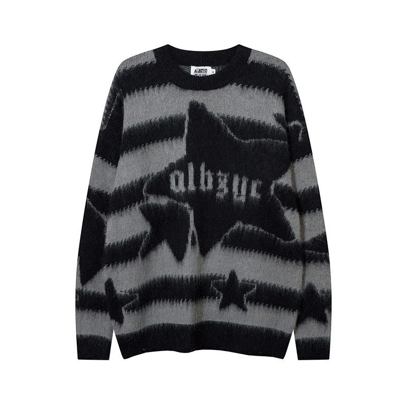 Striped Star Mohair Crew Neck Sweater Men's Loose Casual Couple Knit Top