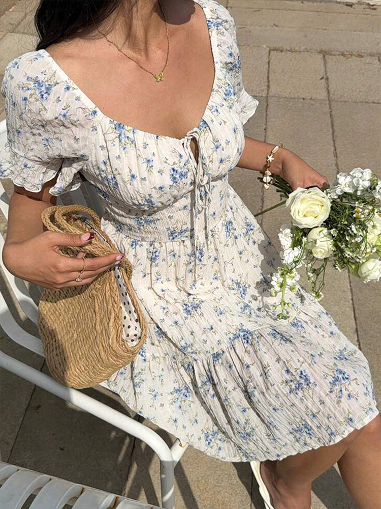 U Neck Puff Tie Waist Frilled Midi Dress