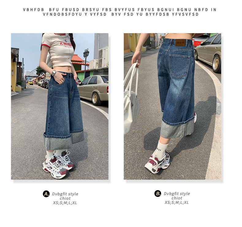 Street Style Loose Slim Wide Leg Pants Rolled Hem Color Block Commuting Washed Denim Length Pants