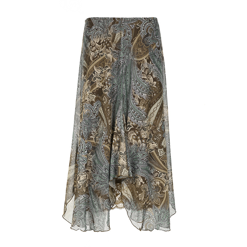 Retro Ink Green Gradient Lace Splicing Printed Skirt Irregular Knitted Midi Skirt Forest Style Girl