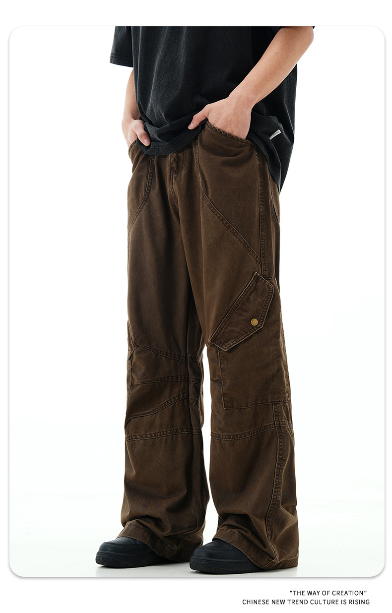Work Pants with Adjustable Waistband and Large Pockets - Straight Leg Casual Trousers