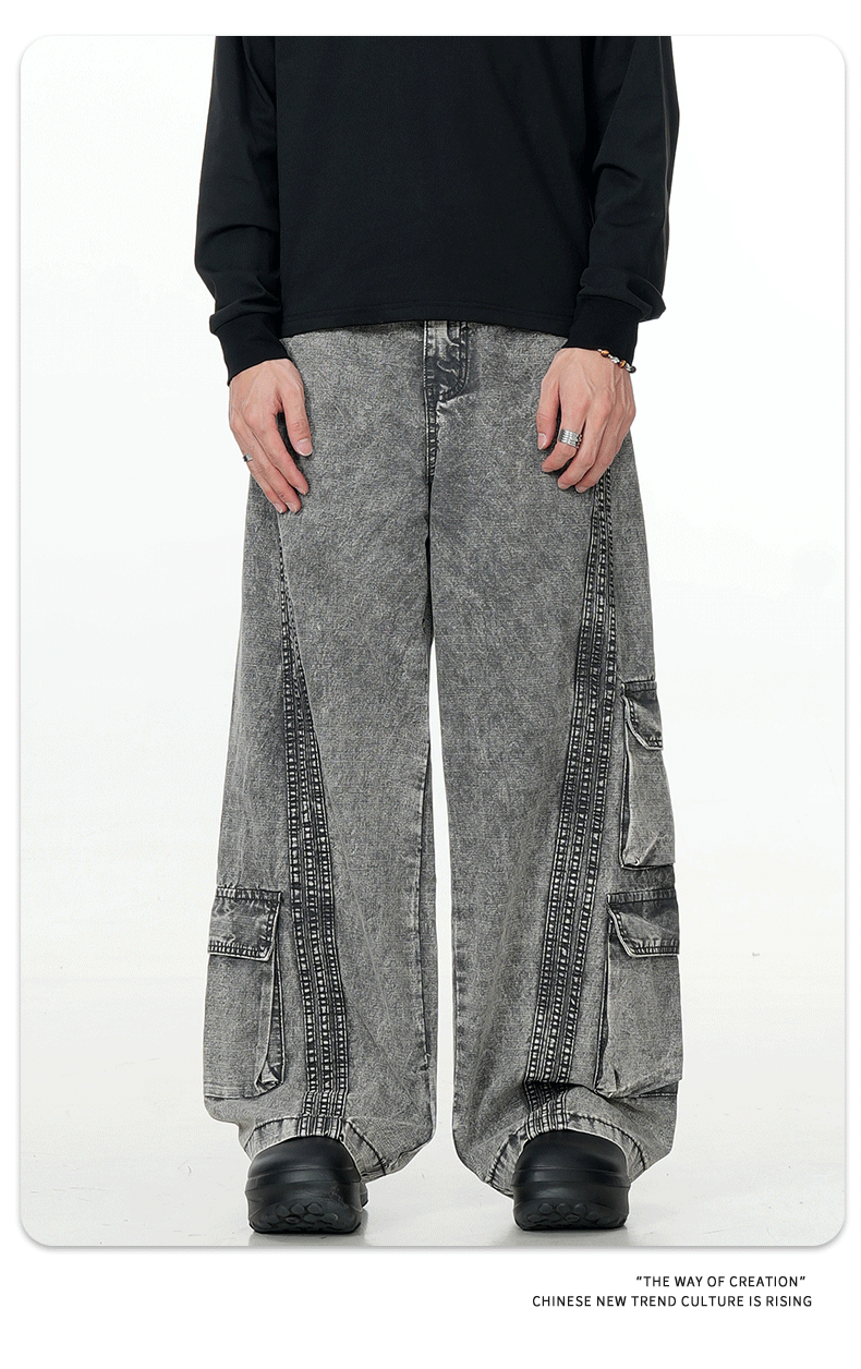 Washed Gray Workwear Jeans with Multiple Pockets for Men and Women