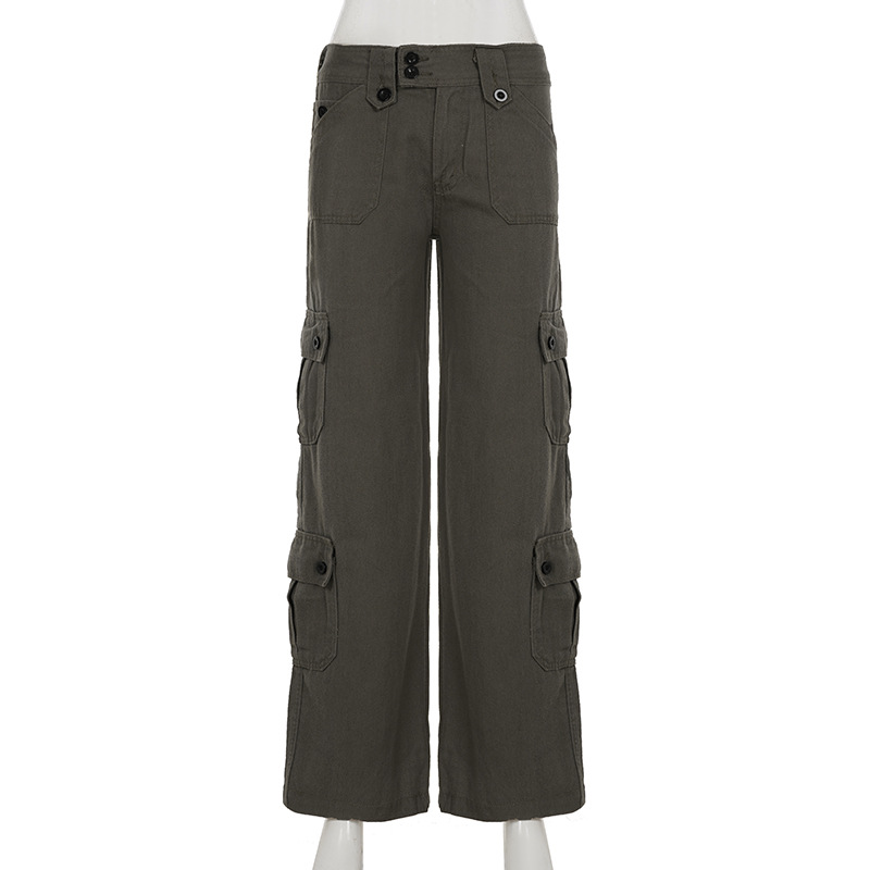 Low waisted workwear women's double row buckle multi pocket splicing straight leg wide leg jeans