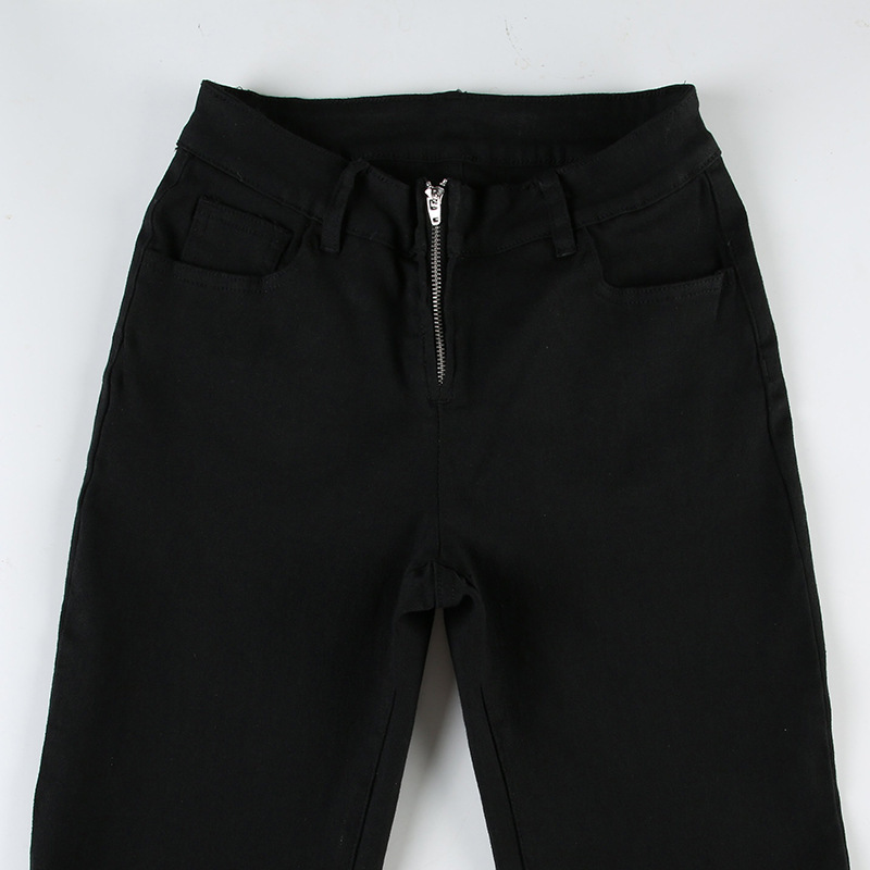 Retro trendy solid color horn low waist zipper denim pants