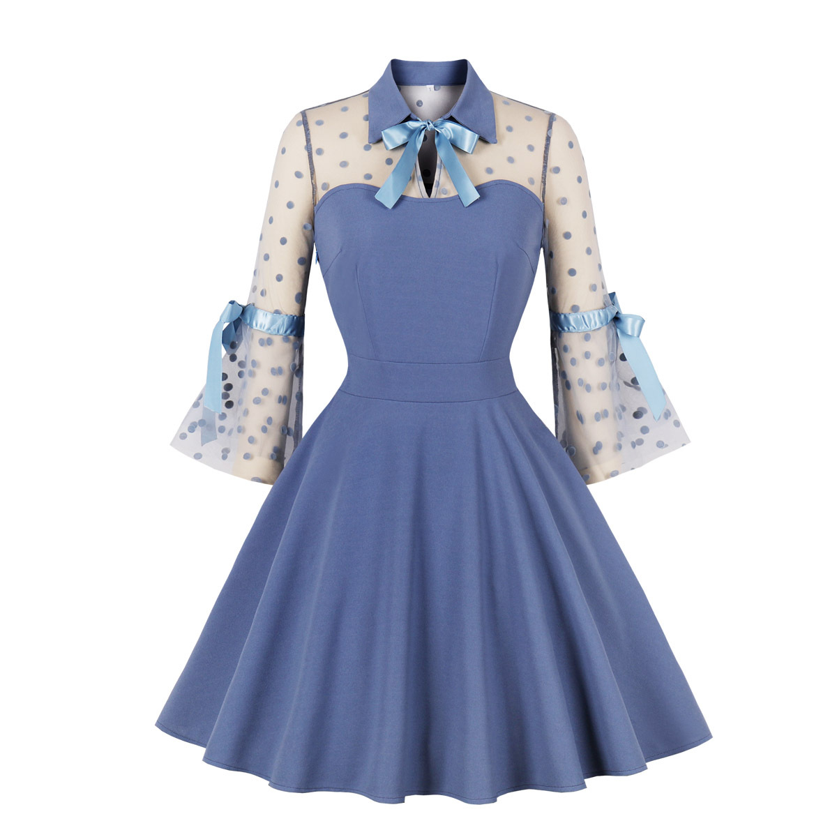 A-line Stand Collar Elbow-Length High Waist Commute Dress