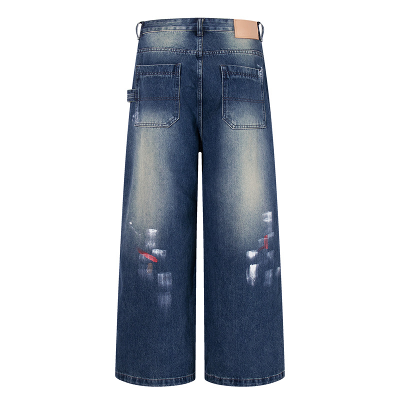 Hip-hop Style Dyed Graffiti Denim Pants for Men and Women, High Street Fashion, Straight Leg, Loose Fit, Casual Long Pants
