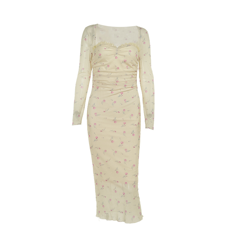 Vintage Square Neck Full-Sleeve Fitted Elastic Polyester Dress