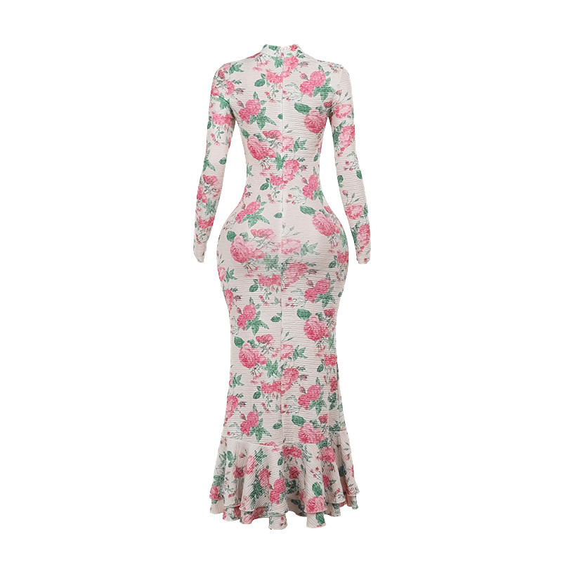Fitted Maxi Patterned Mock Neck Full-Sleeve Dress