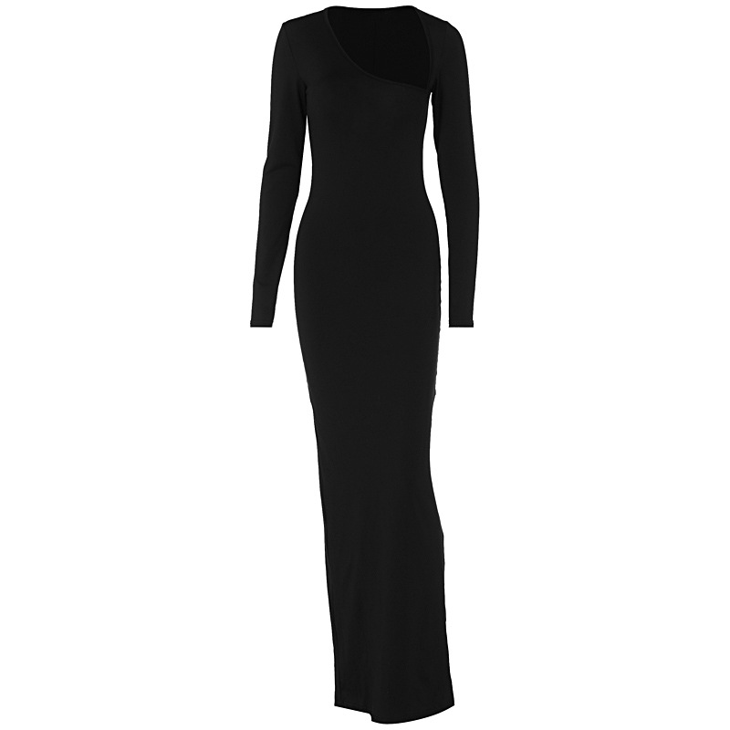 Full Sleeve Asymmetric Neck Straight Rear Slit Dress