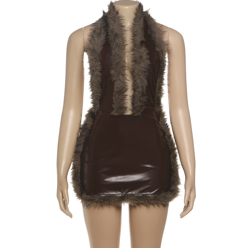 Plunging Halter Contrast Paneled Dress