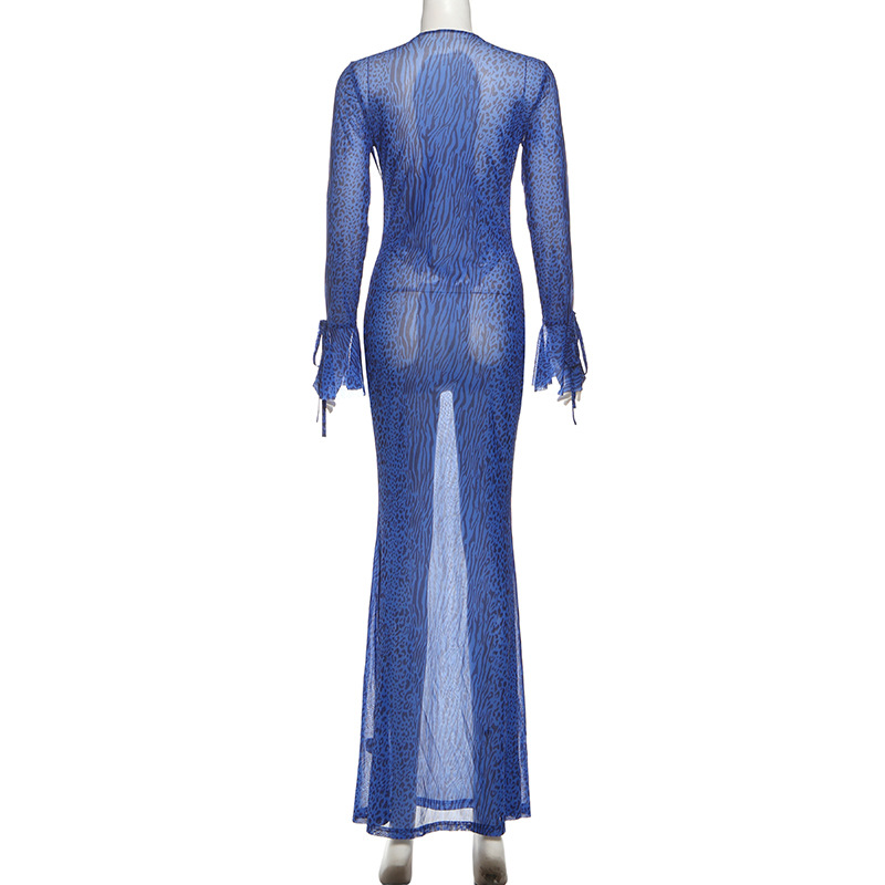 Feline Pattern Fitted Plunging Sheer Extended Sleeve Dress