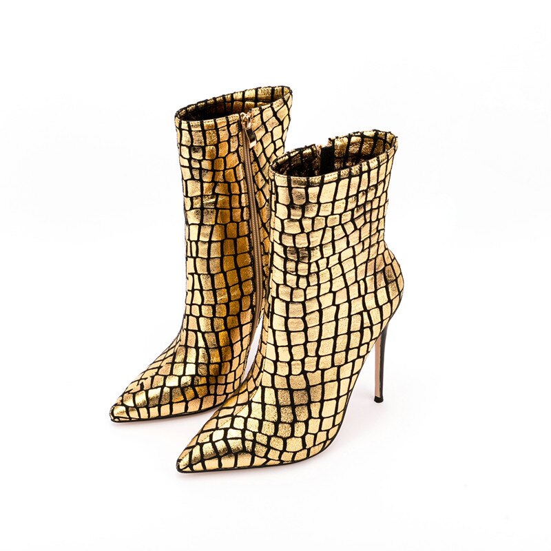 Pointed Toe Super High Heel Ankle Boots Ladies Party Shoes Side Zipper Shiny Stone Pattern Gold Sexy Winter Autumn Fashion Shoes