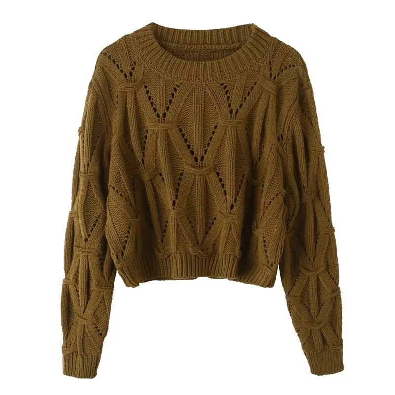 Ladies Relaxed Crew Neck Plain Openwork Sweater