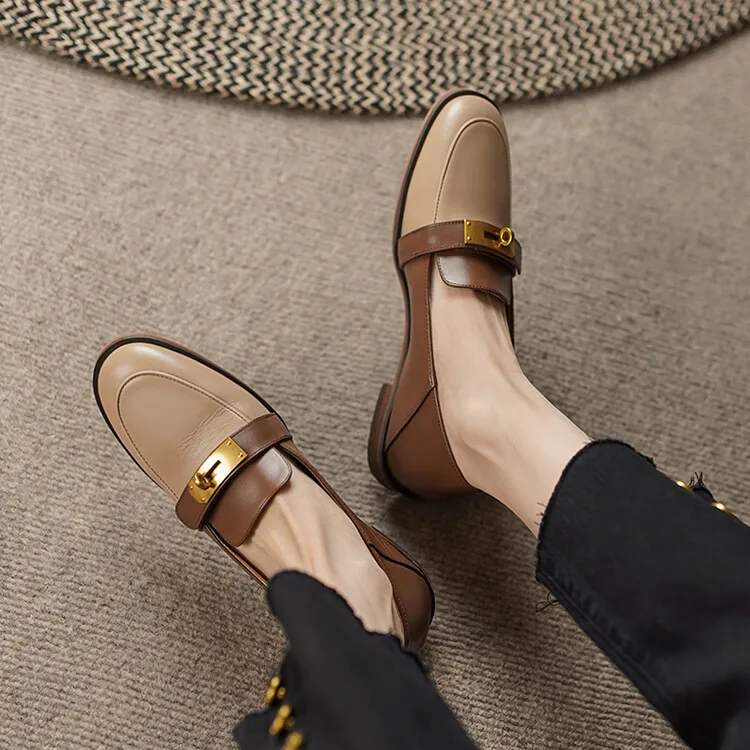 Blapunka Women Genuine Leather Loafers Designer Metal Lock Mix-color Slip-on Flat Shoe Ladies Spring Autumn Casual Comfort Flats