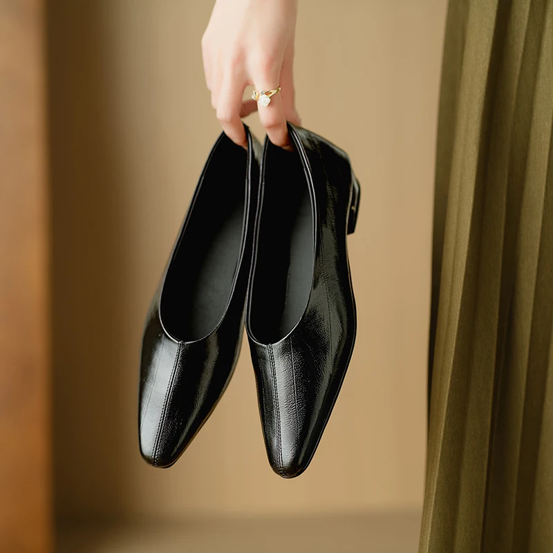 Fashion Genuine Leather mid heels woman elegant Loafer office lady square toe party pumps