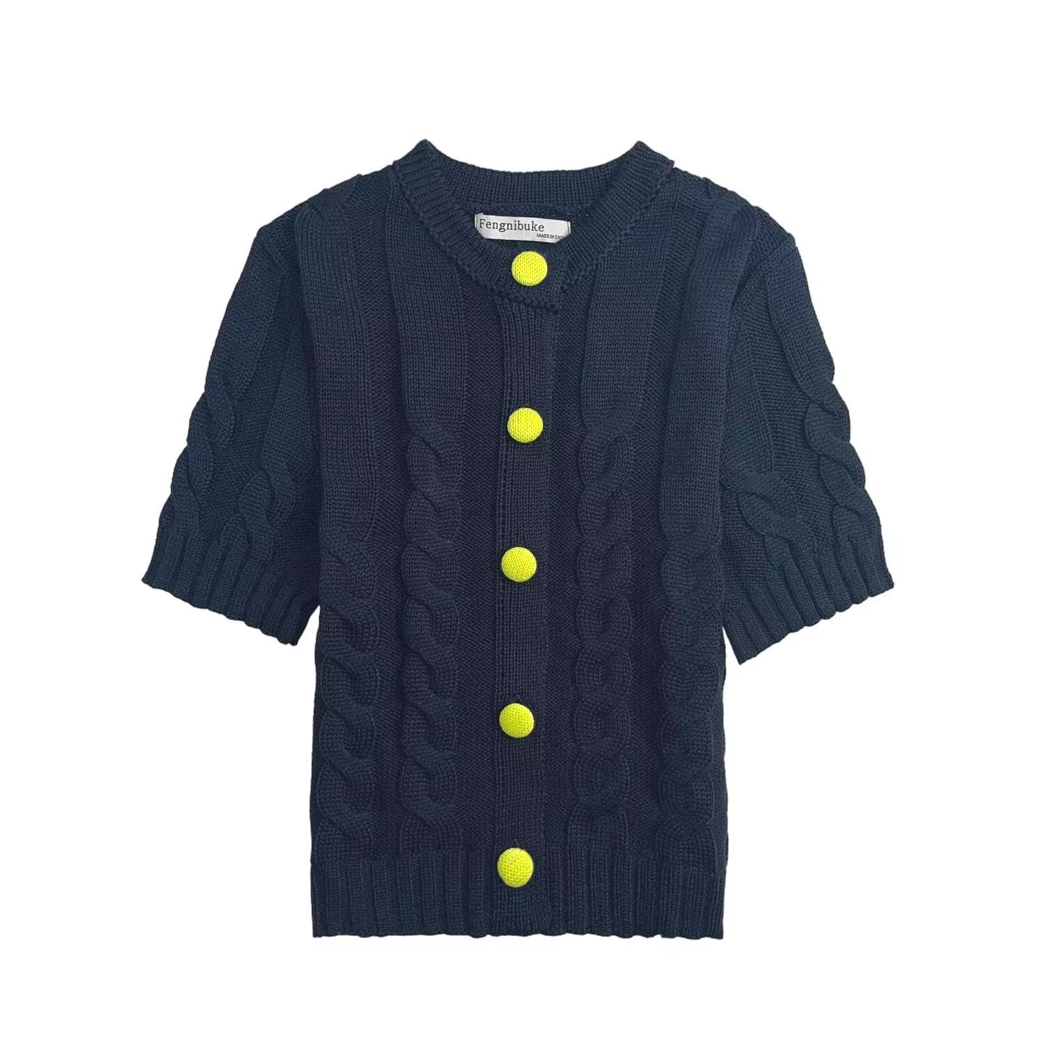 Solid Round Neck Three-Quarter Sleeve Cardigan