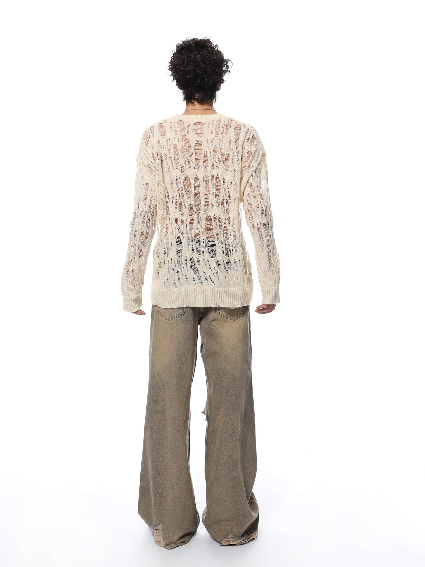 Polyester Open Mesh Crew Neck Sweater