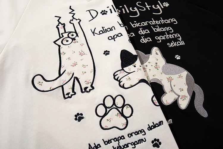 Retro Cute Cat Letter Embroidery Turn-Down Collar Short Sleeve T-Shirt Men's Loose Casual Couple Top