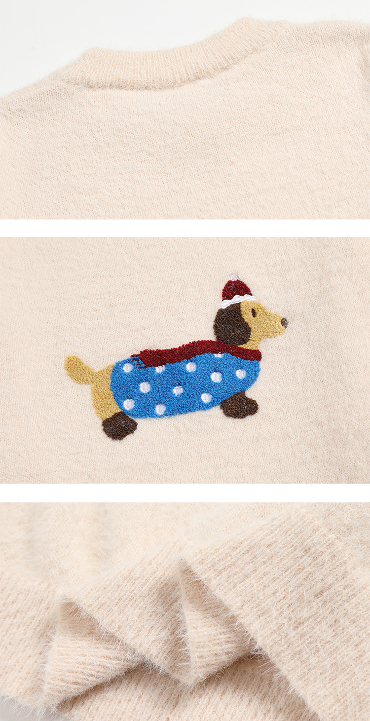 Imitation mink fur sausage dog towel embroidered round neck pullover sweater knitted sweater