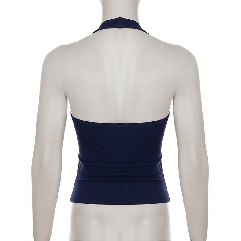 Sexy Low-Cut Zipper Halter Knitted Strap Women's Pure Color Versatile Elegant Slim Top