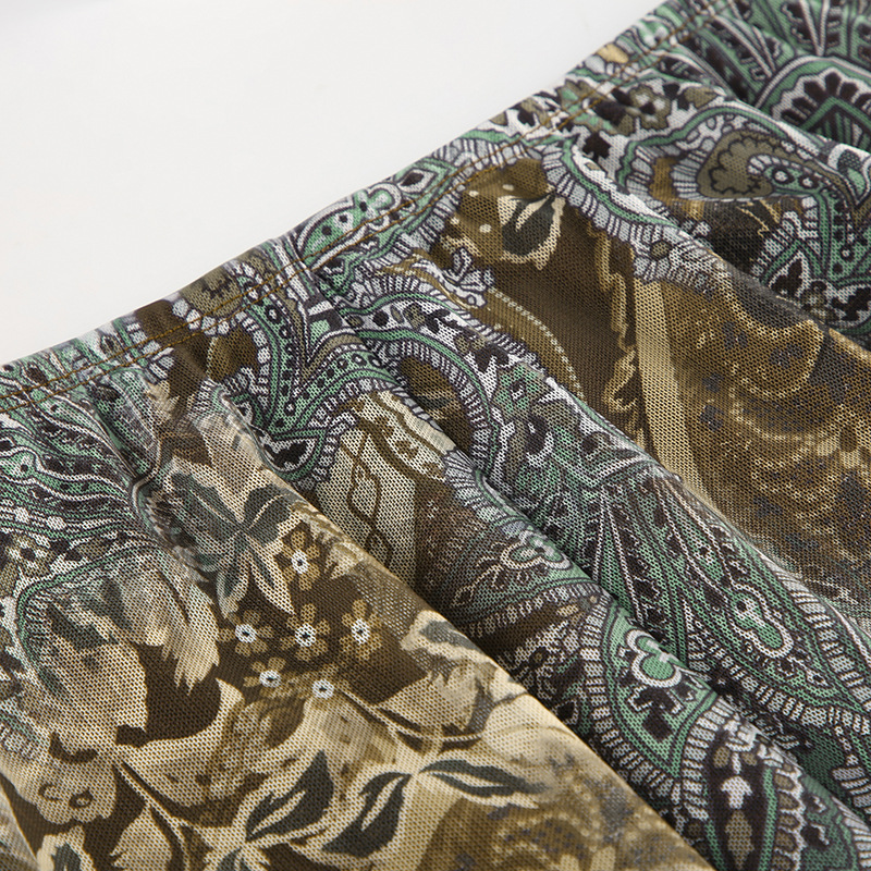 Retro Ink Green Gradient Lace Splicing Printed Skirt Irregular Knitted Midi Skirt Forest Style Girl