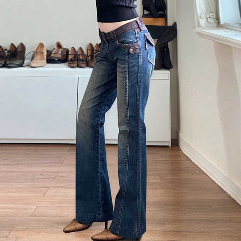Street Motorcycle Retro Style Patchwork Color Block Flare Denim Pants Slim Fit Casual Long Trousers