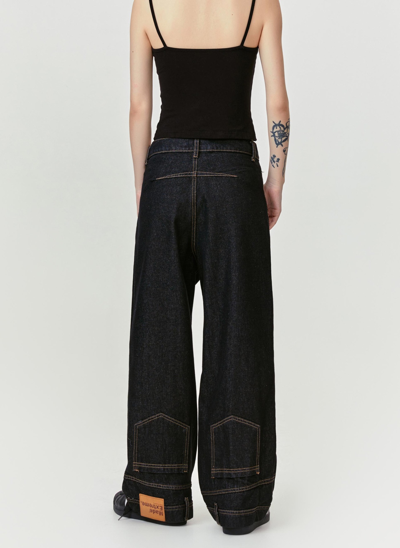 Inverted Reverse Design Washed Distressed Loose Straight Wide Leg Jeans Trendy